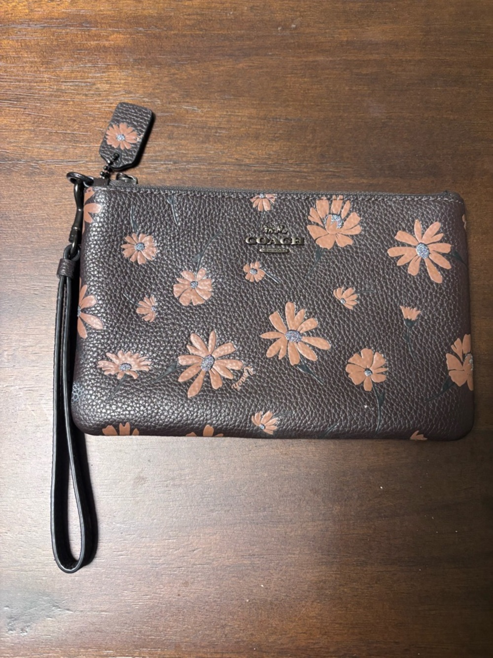 COACH Brown Floral Leather Wristlet with Pink-Tan Blooms